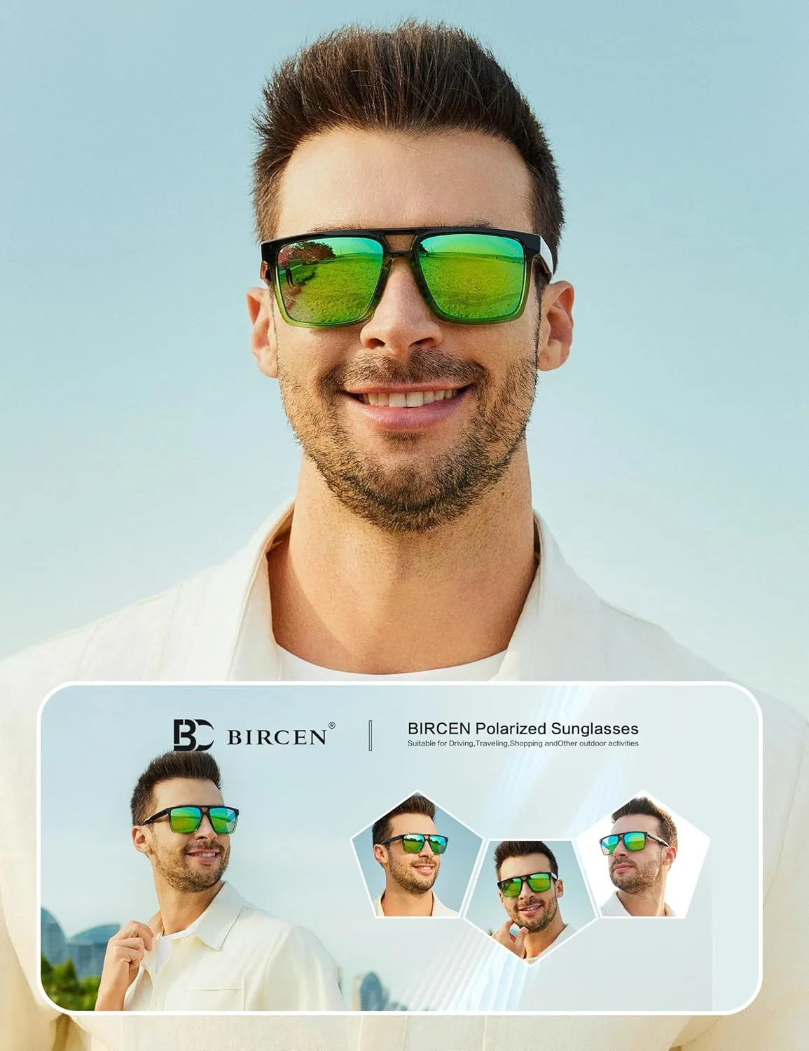 BIRCEN Polarized Sunglasses for Men UV-Protection: Sport Square Black Shades for Men Golf Fishing Motorcycle