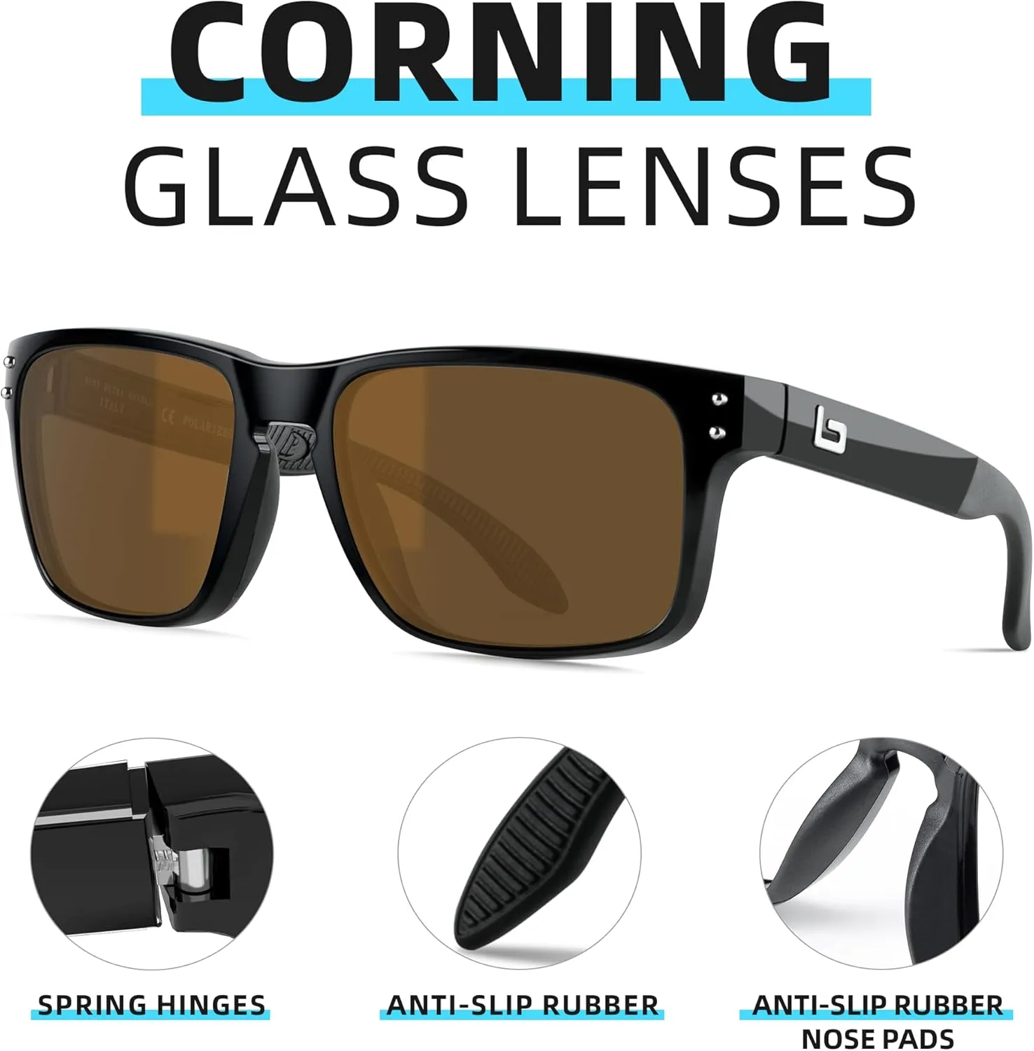 Bnus italy made classic sunglasses corning real glass lens w. polarized option
