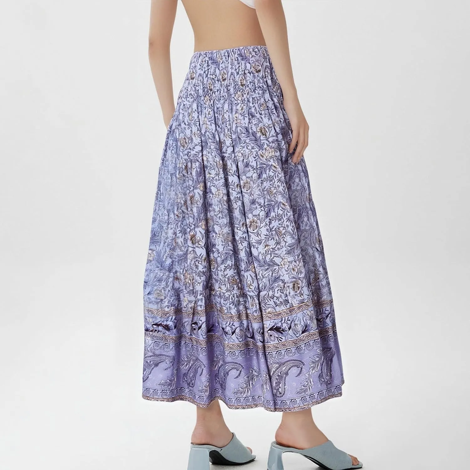 Bohemian Skirts for Women Elastic Waist Beach Floral Country Casual Business Pleated Peasant Smocked Vacation Trendy Skirts