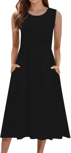 Boho Dresses Women's Spring/Summer Flower Printed Casual Tank Top Pockets Beach Casual Dress Plus Size Flowy