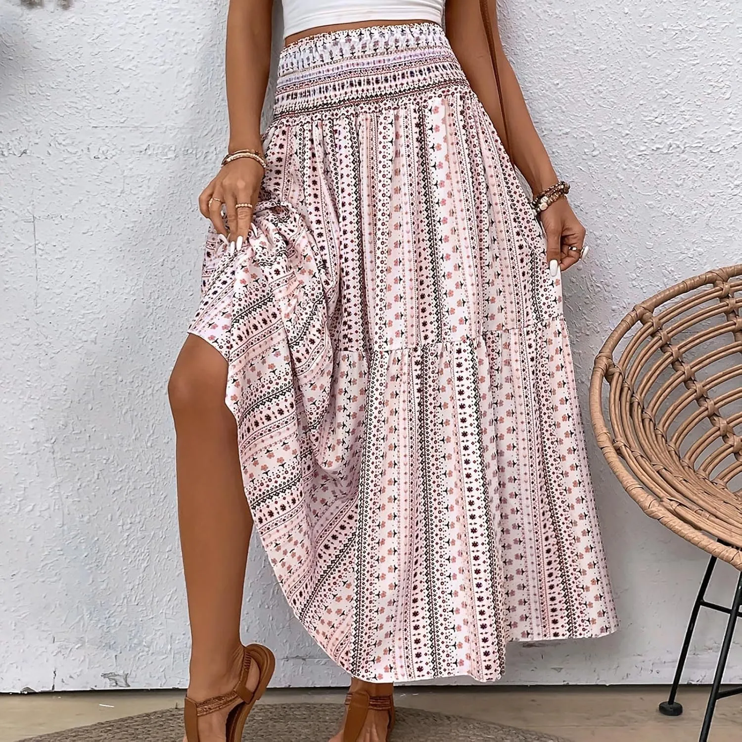 Boho Long Skirts for Women 2025 Summer Elastic High Waisted Flowy Swing A-Line Floral Maxi Skirt