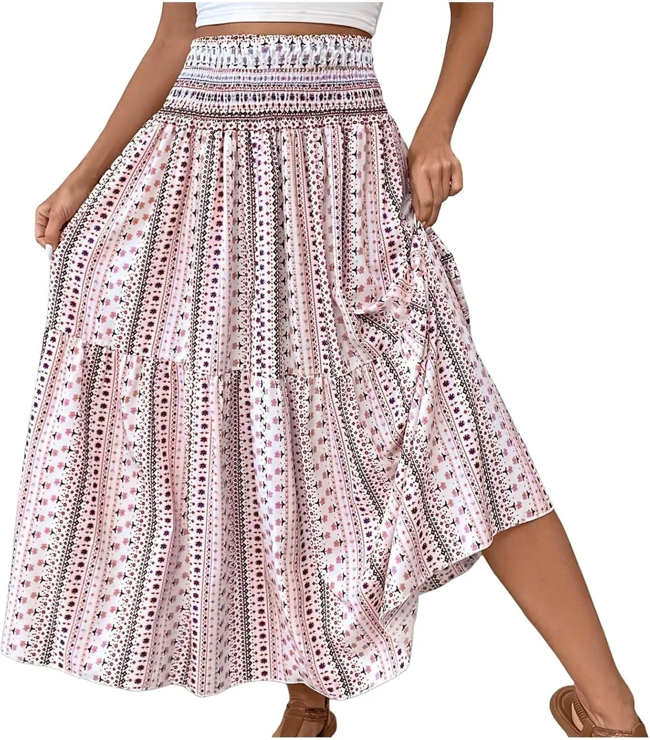 Boho Long Skirts for Women 2025 Summer Elastic High Waisted Flowy Swing A-Line Floral Maxi Skirt