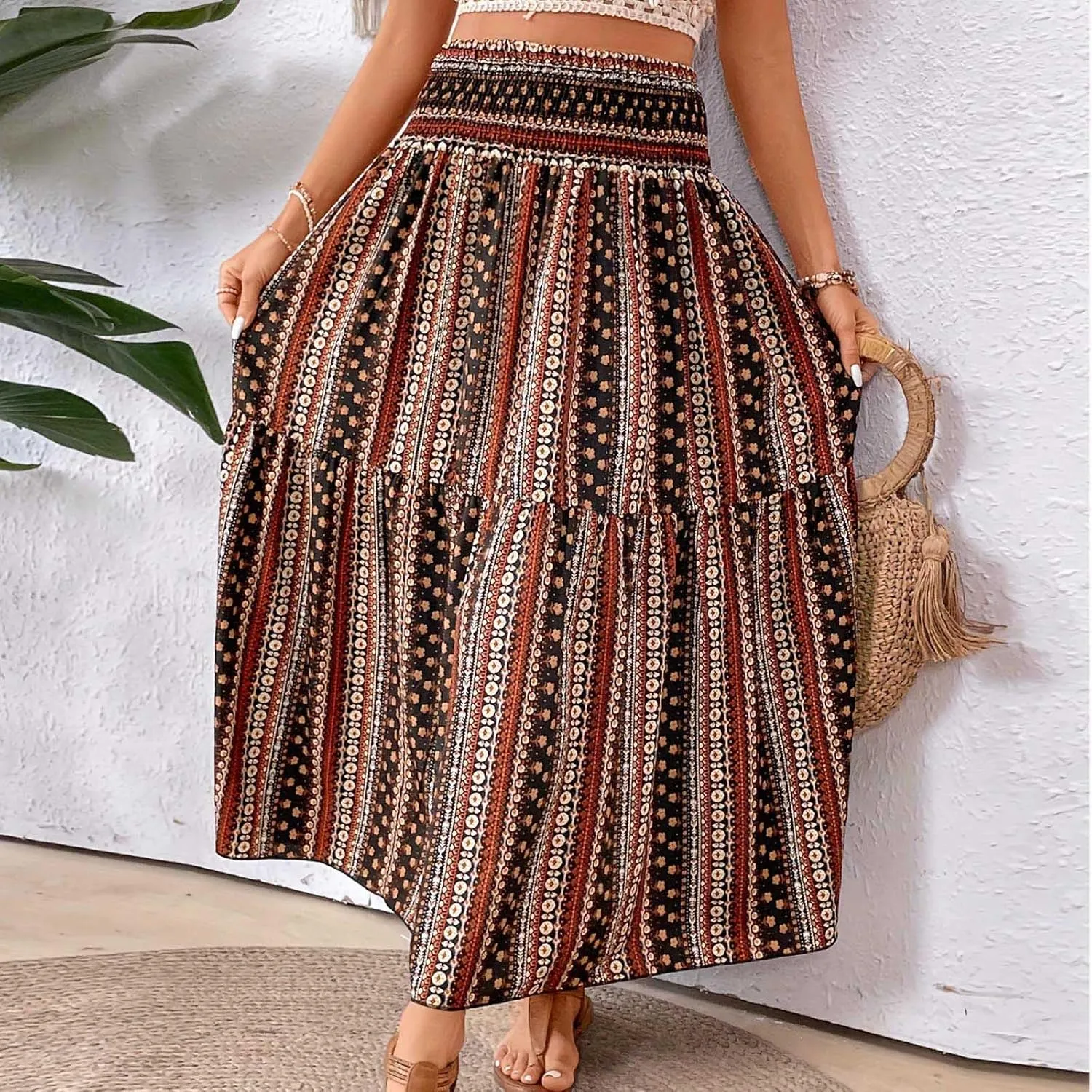 Boho Long Skirts for Women 2025 Summer Elastic High Waisted Flowy Swing A-Line Floral Maxi Skirt
