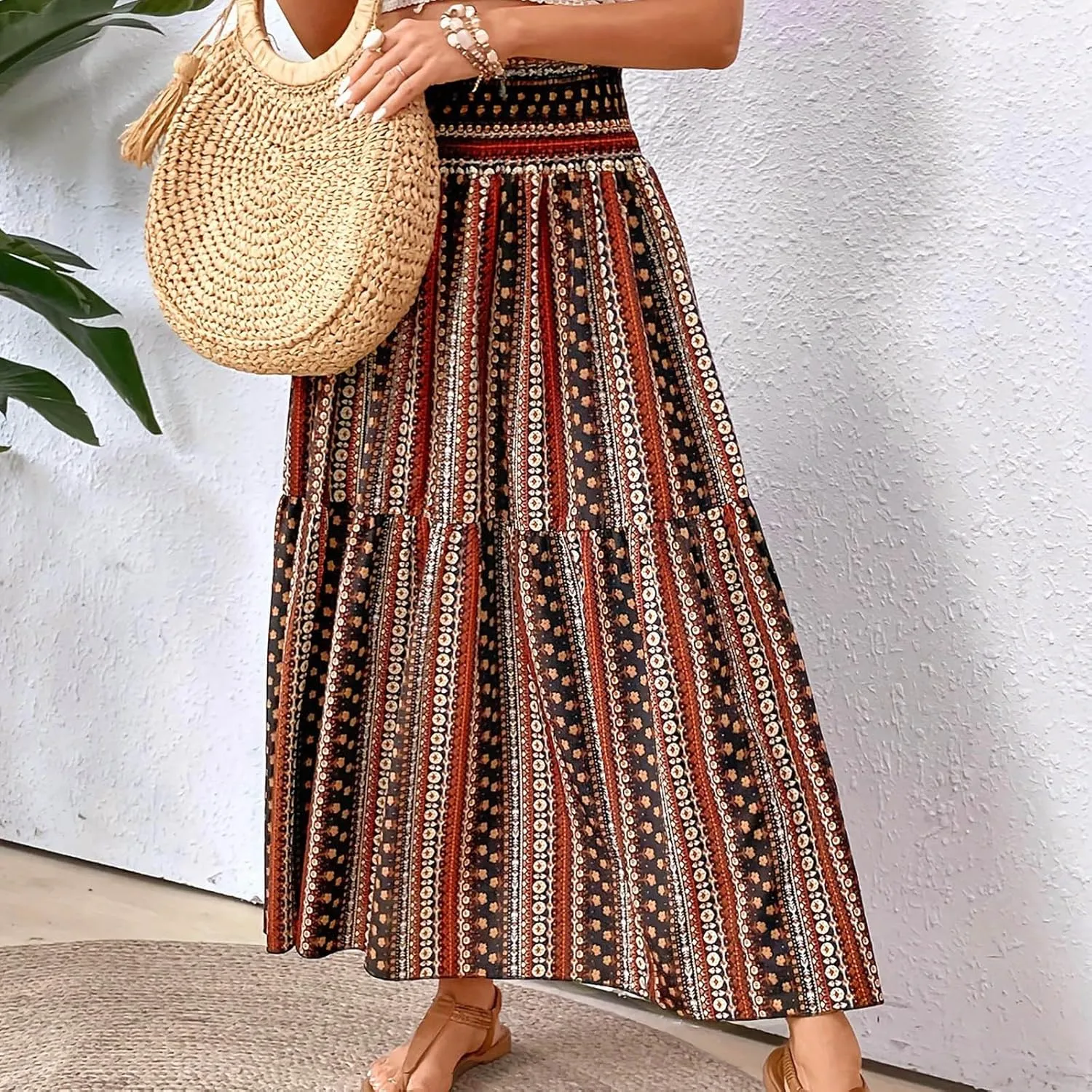 Boho Long Skirts for Women 2025 Summer Elastic High Waisted Flowy Swing A-Line Floral Maxi Skirt