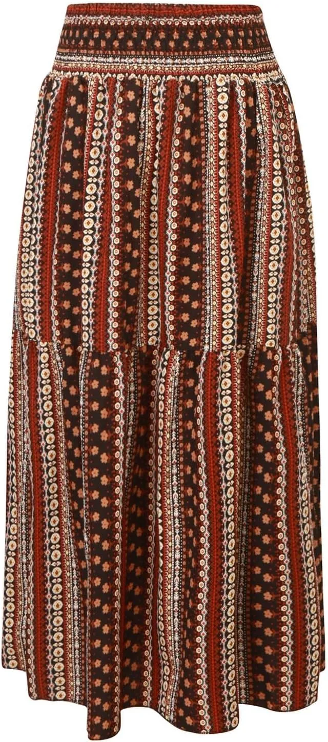 Boho Long Skirts for Women 2025 Summer Elastic High Waisted Flowy Swing A-Line Floral Maxi Skirt