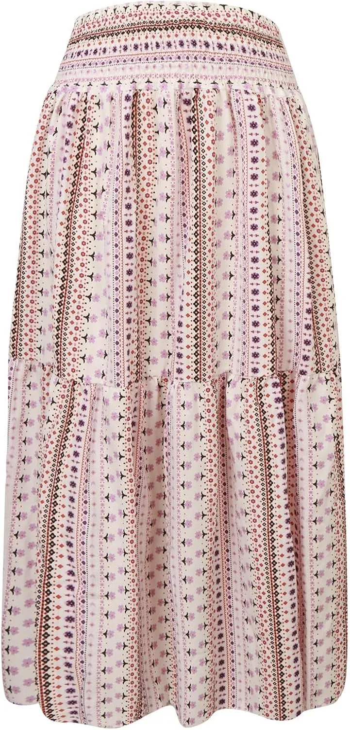 Boho Long Skirts for Women 2025 Summer Elastic High Waisted Flowy Swing A-Line Floral Maxi Skirt
