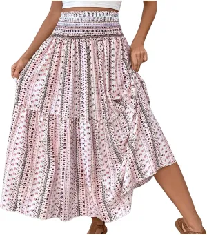 Boho Long Skirts for Women 2025 Summer Elastic High Waisted Flowy Swing A-Line Floral Maxi Skirt