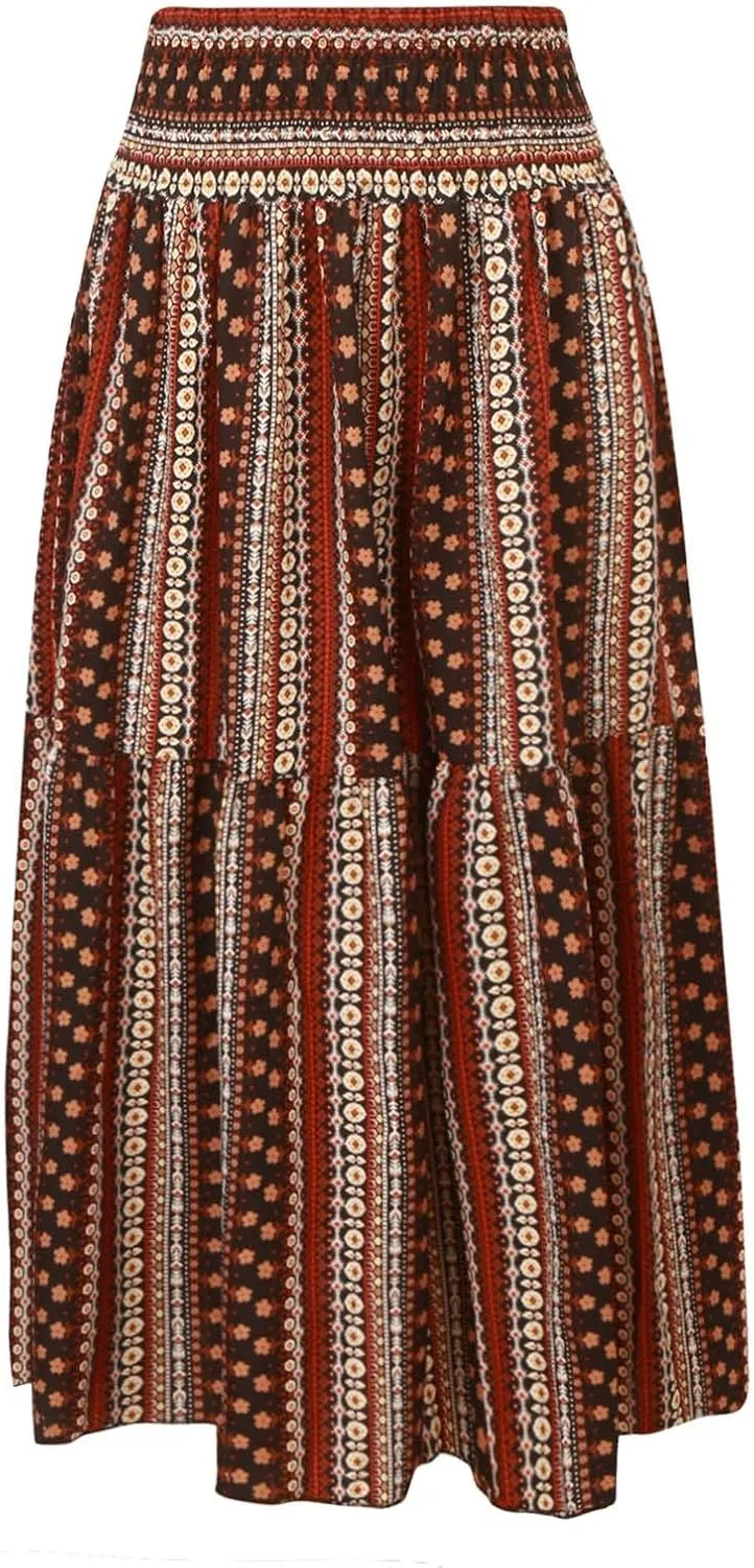 Boho Long Skirts for Women 2025 Summer Elastic High Waisted Flowy Swing A-Line Floral Maxi Skirt