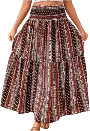 Boho Long Skirts for Women 2025 Summer Elastic High Waisted Flowy Swing A-Line Floral Maxi Skirt