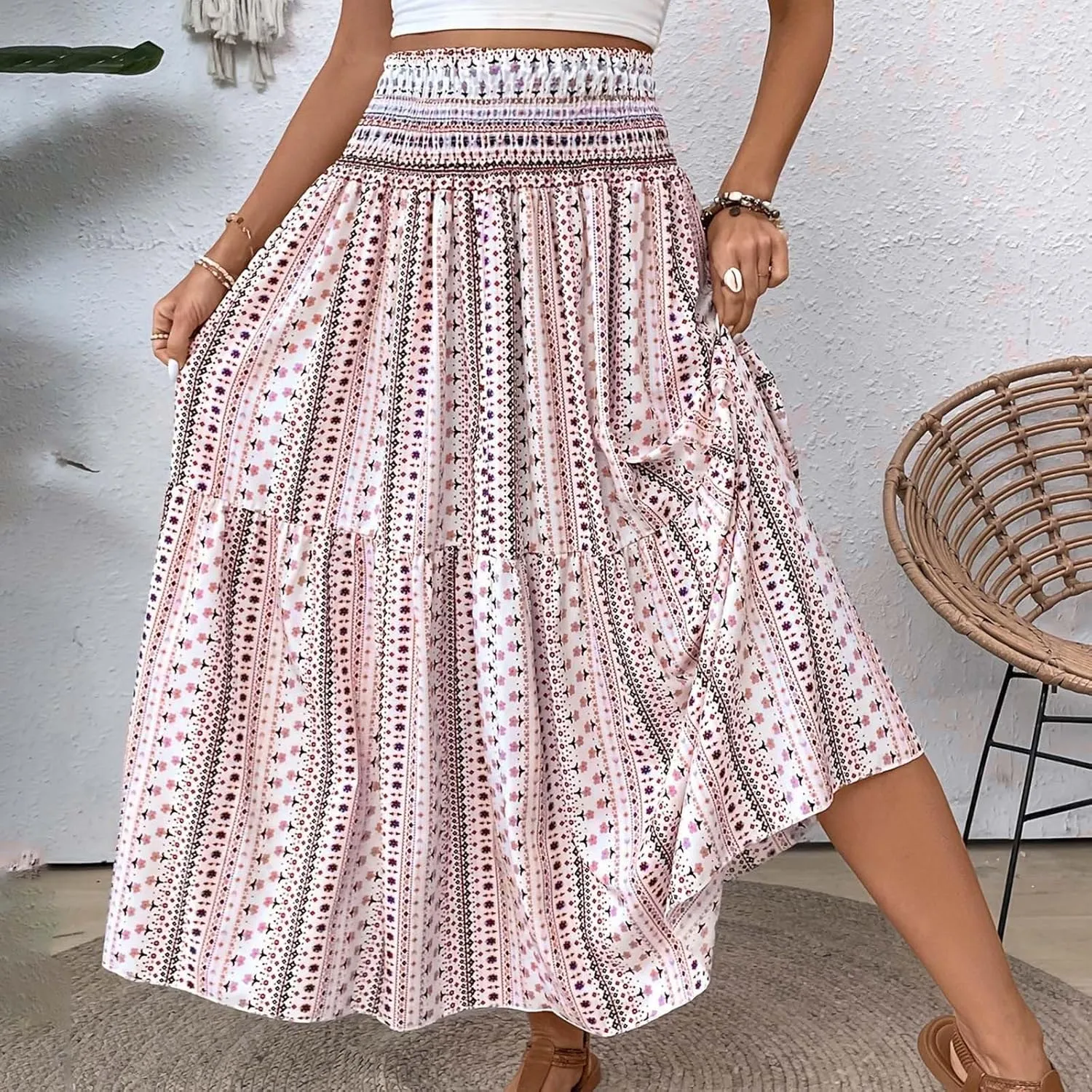 Boho Long Skirts for Women 2025 Summer Elastic High Waisted Flowy Swing A-Line Floral Maxi Skirt