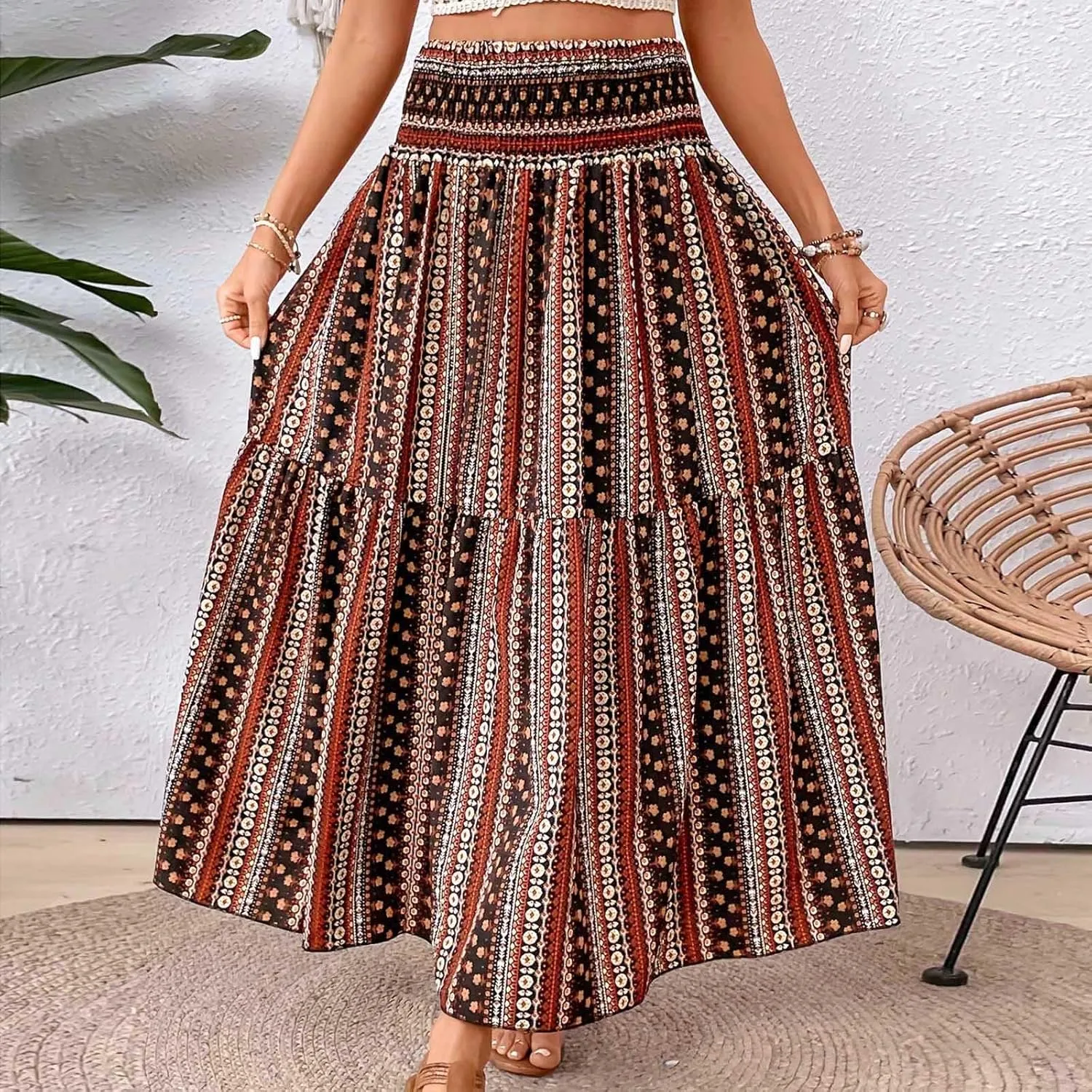Boho Long Skirts for Women 2025 Summer Elastic High Waisted Flowy Swing A-Line Floral Maxi Skirt