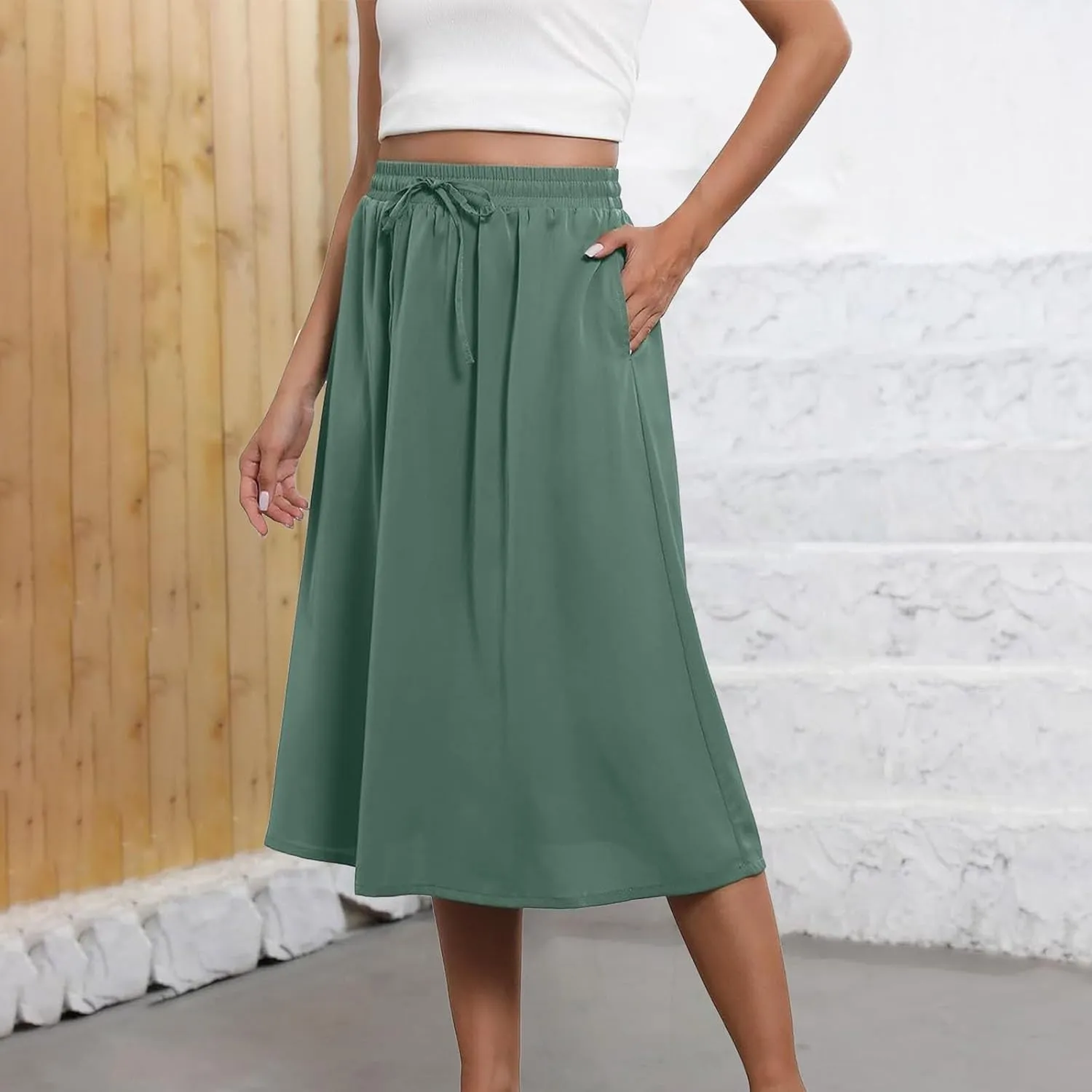 Boho Skirts for Women Lightweight Drawstring High Waisted Trendy Summer Flowy Floral Midi Skirts with Pockets