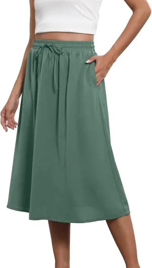 Boho Skirts for Women Lightweight Drawstring High Waisted Trendy Summer Flowy Floral Midi Skirts with Pockets