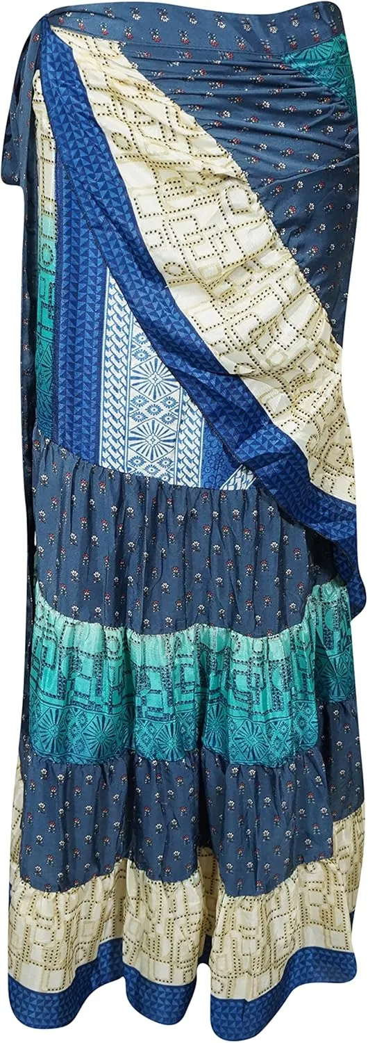 Boho Wrap Skirt for Women, Blue Ruffle Wrap Skirt, Tiered Maxi Wrap Skirts, One Size