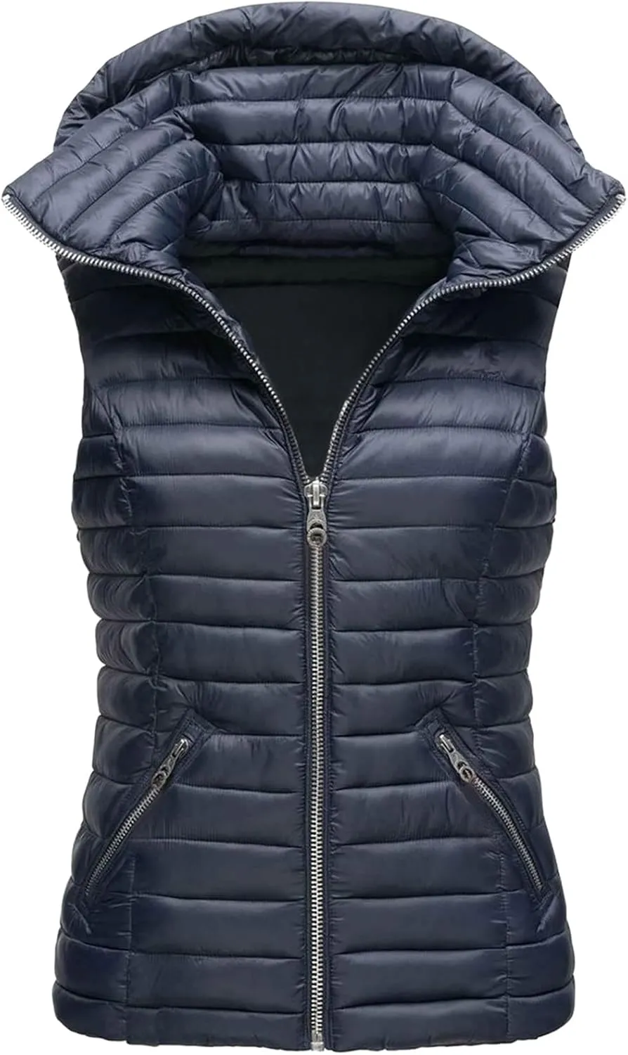 Canbebig Puffer Vest Women Lightweight Zipper Hoodie Sleeveless Puffer Jacket Casual Quilted Down Coat Warm Hooded Jacket