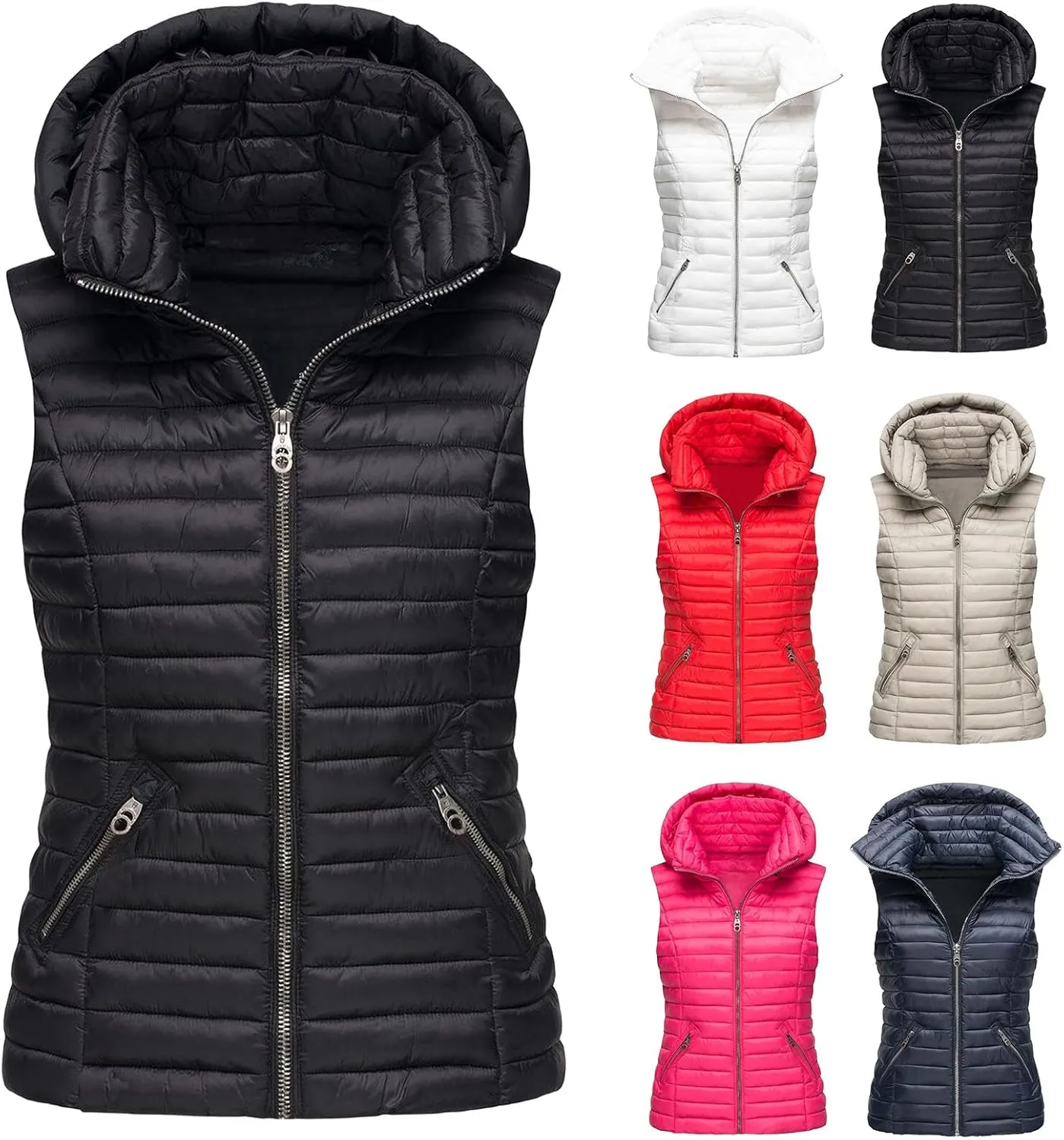 Canbebig Puffer Vest Women Lightweight Zipper Hoodie Sleeveless Puffer Jacket Casual Quilted Down Coat Warm Hooded Jacket