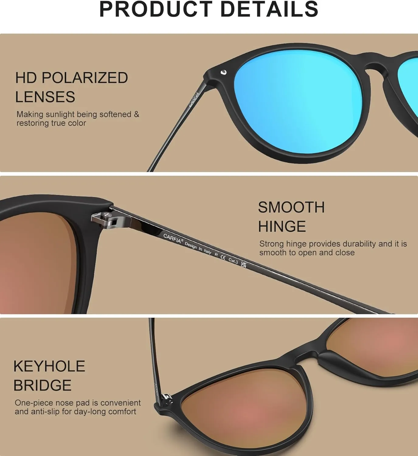 CARFIA Trendy Sunglasses for Women Polarized UV Protection Classic Retro Style CA5100