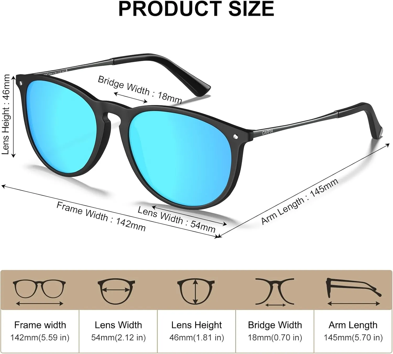 CARFIA Trendy Sunglasses for Women Polarized UV Protection Classic Retro Style CA5100