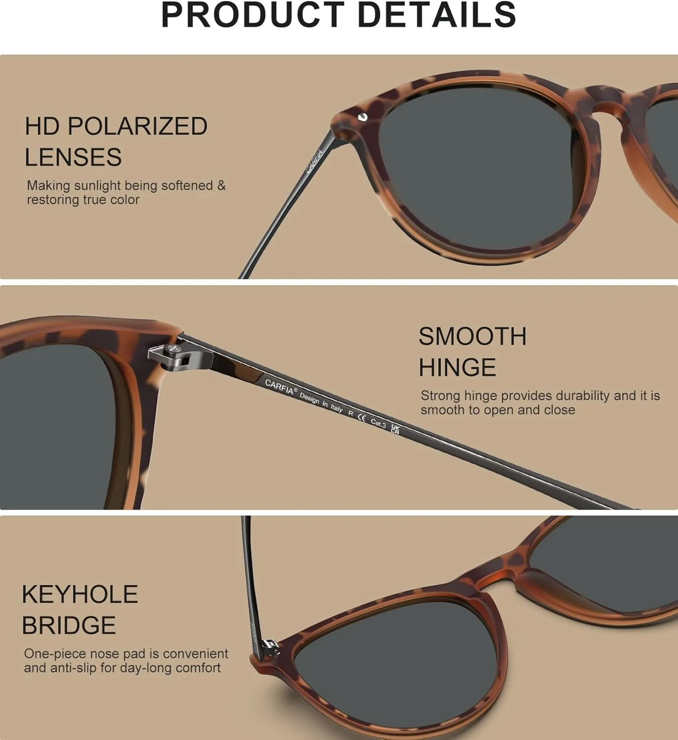 CARFIA Trendy Sunglasses for Women Polarized UV Protection Classic Retro Style CA5100