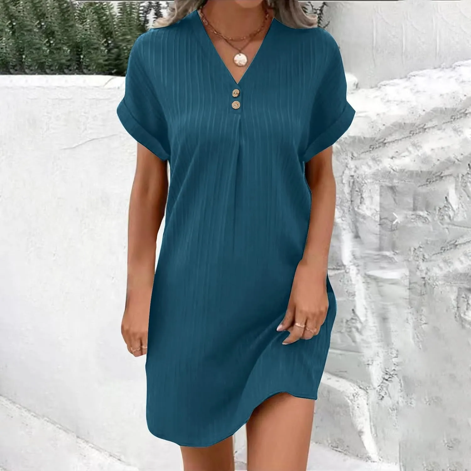 Casual Dresses for Women 2025 Casual Loose Short Sleeve Shift Dress Summer Fashion Vacation V Neck Midi Dresses