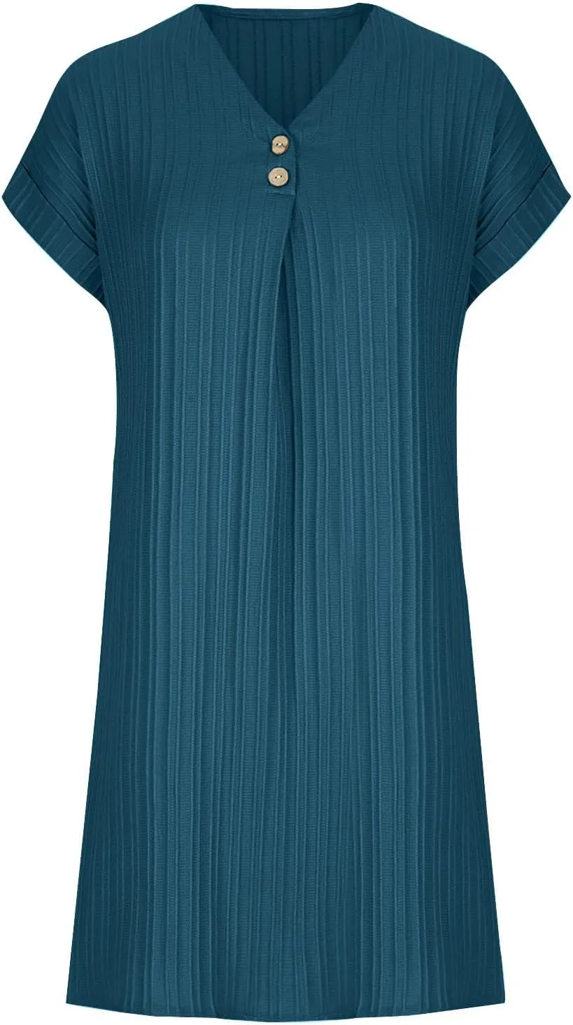 Casual Dresses for Women 2025 Casual Loose Short Sleeve Shift Dress Summer Fashion Vacation V Neck Midi Dresses