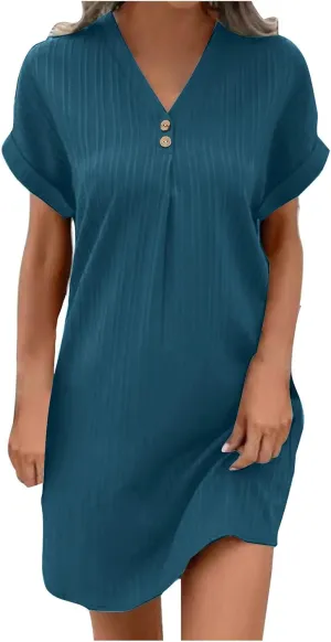 Casual Dresses for Women 2025 Casual Loose Short Sleeve Shift Dress Summer Fashion Vacation V Neck Midi Dresses