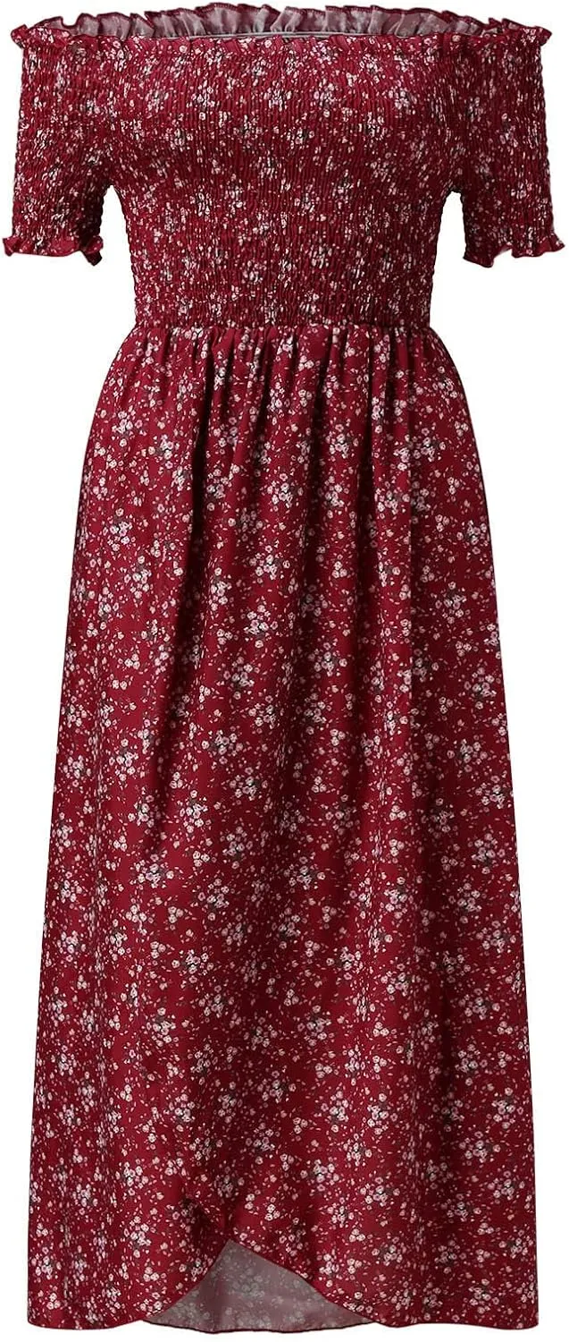 Casual Dresses for Women Beach Vacation Clothes Sundresses Off Shoulder High Waist Maxi Dress Floral Casual Summer Long