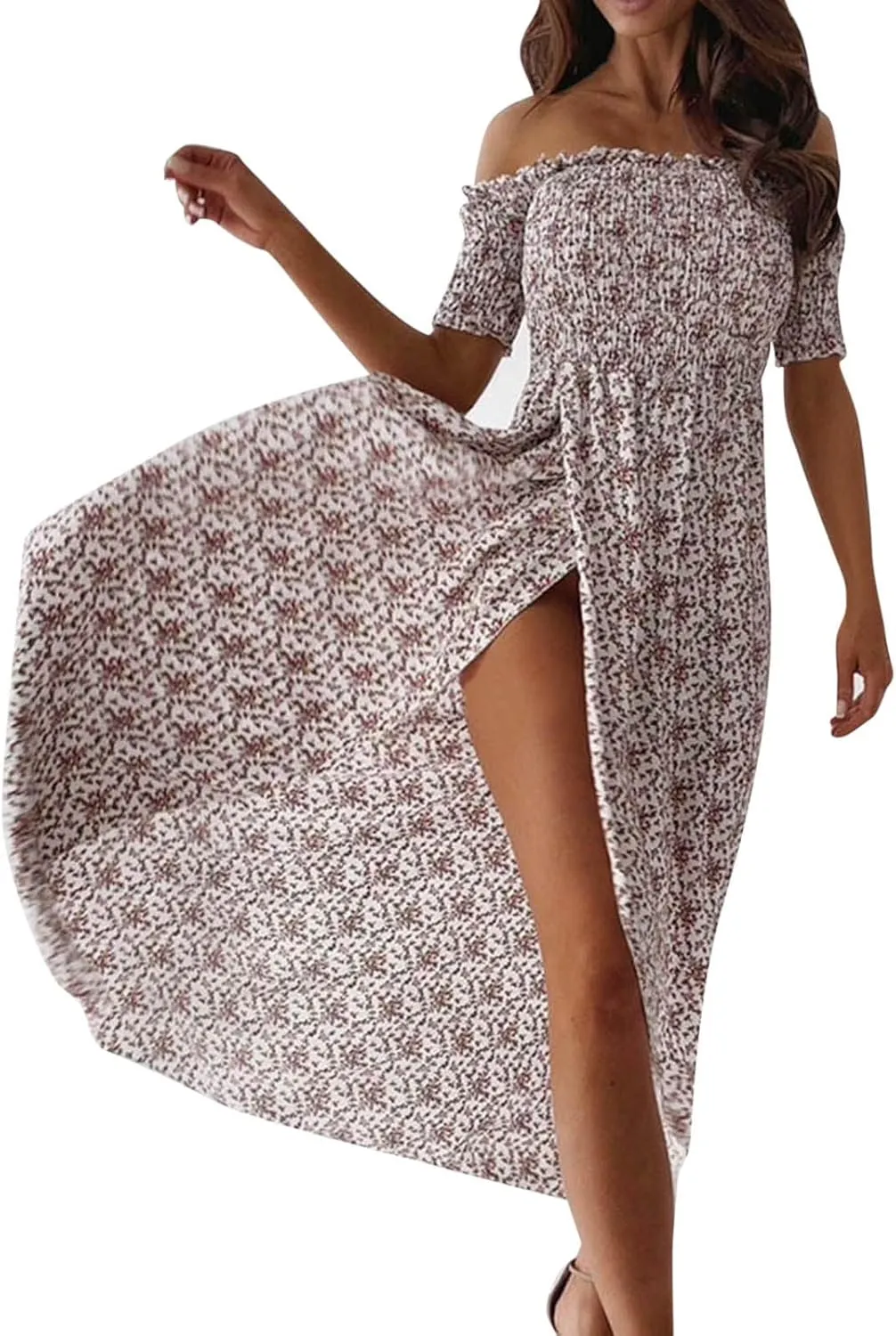 Casual Dresses for Women Beach Vacation Clothes Sundresses Off Shoulder High Waist Maxi Dress Floral Casual Summer Long