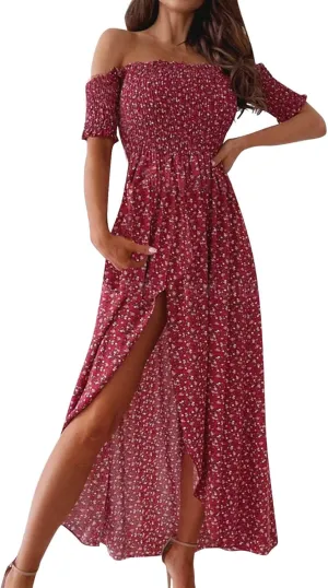 Casual Dresses for Women Beach Vacation Clothes Sundresses Off Shoulder High Waist Maxi Dress Floral Casual Summer Long
