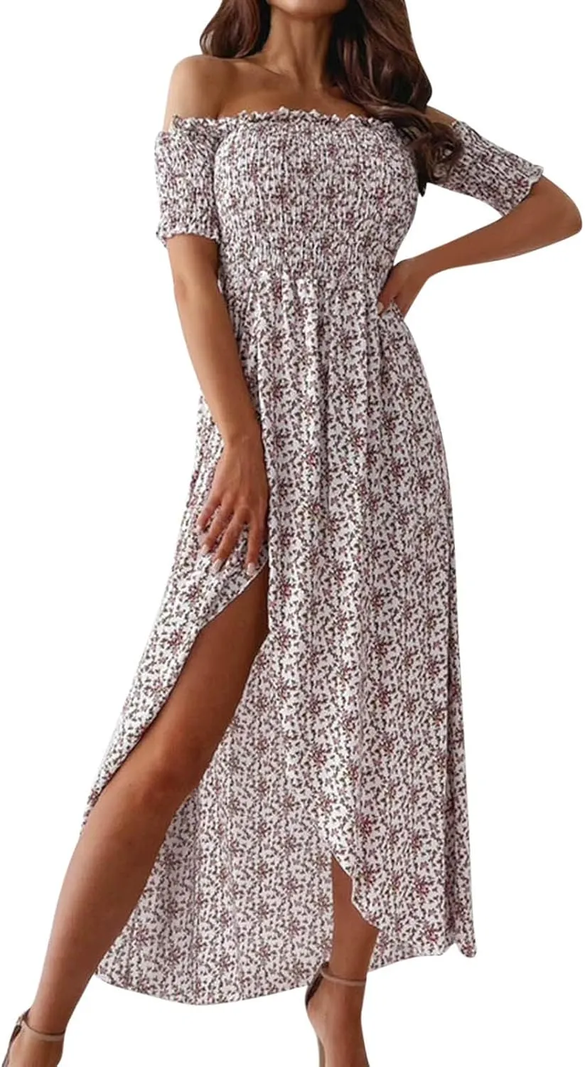 Casual Dresses for Women Beach Vacation Clothes Sundresses Off Shoulder High Waist Maxi Dress Floral Casual Summer Long