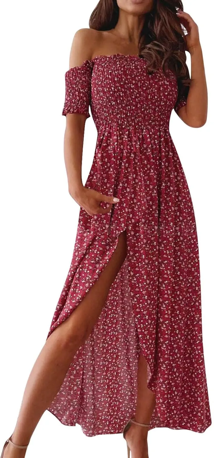 Casual Dresses for Women Beach Vacation Clothes Sundresses Off Shoulder High Waist Maxi Dress Floral Casual Summer Long