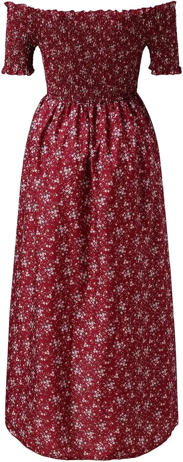 Casual Dresses for Women Beach Vacation Clothes Sundresses Off Shoulder High Waist Maxi Dress Floral Casual Summer Long
