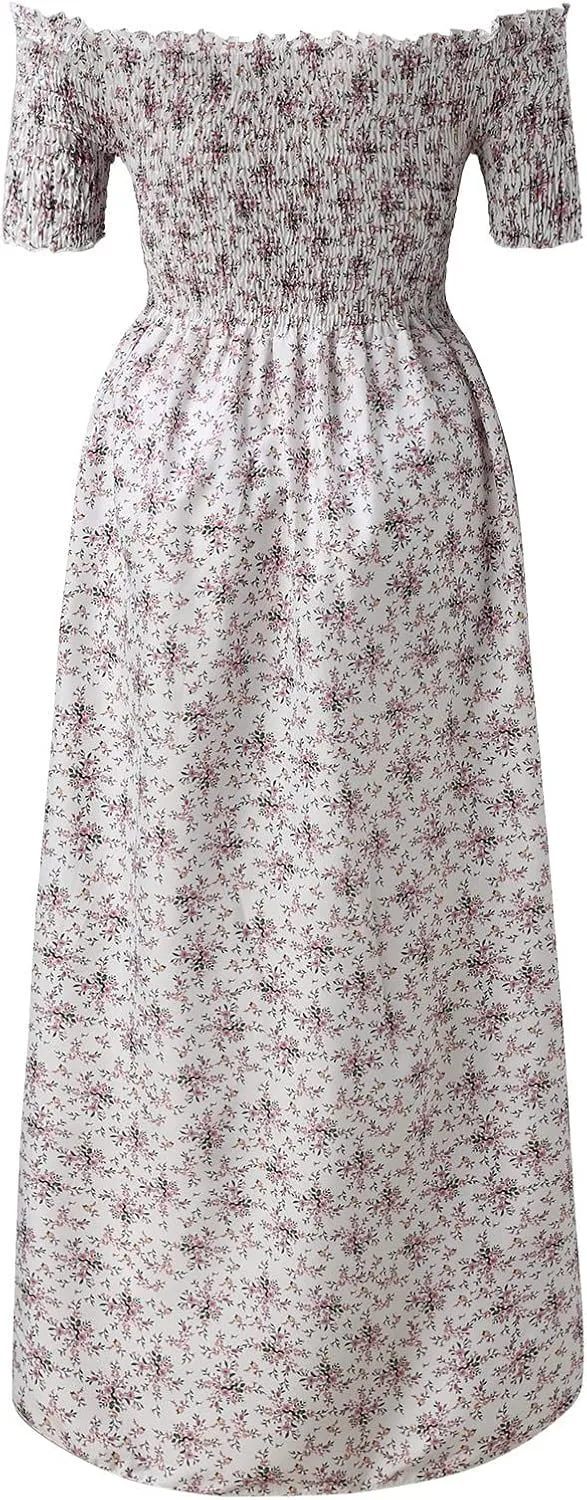 Casual Dresses for Women Beach Vacation Clothes Sundresses Off Shoulder High Waist Maxi Dress Floral Casual Summer Long