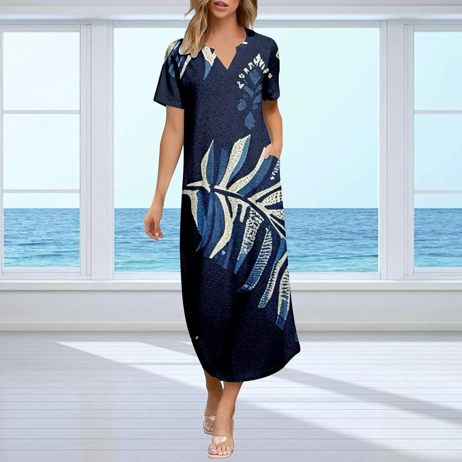 Casual Summer Dresses for Women 2025,Women's Summer Casual Maxi Floral Printed Dress V Neck Baggy Vacation Dress
