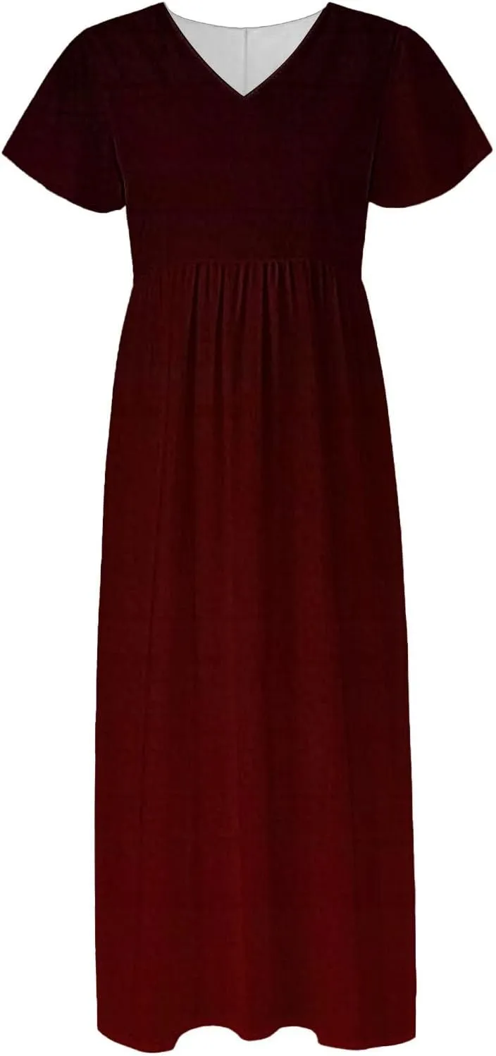 Casual Summer Dresses for Women 2025,Women's Summer Solid Color V Neck Flowy Maxi Dress Casual Boho Chiffon Beach Dress