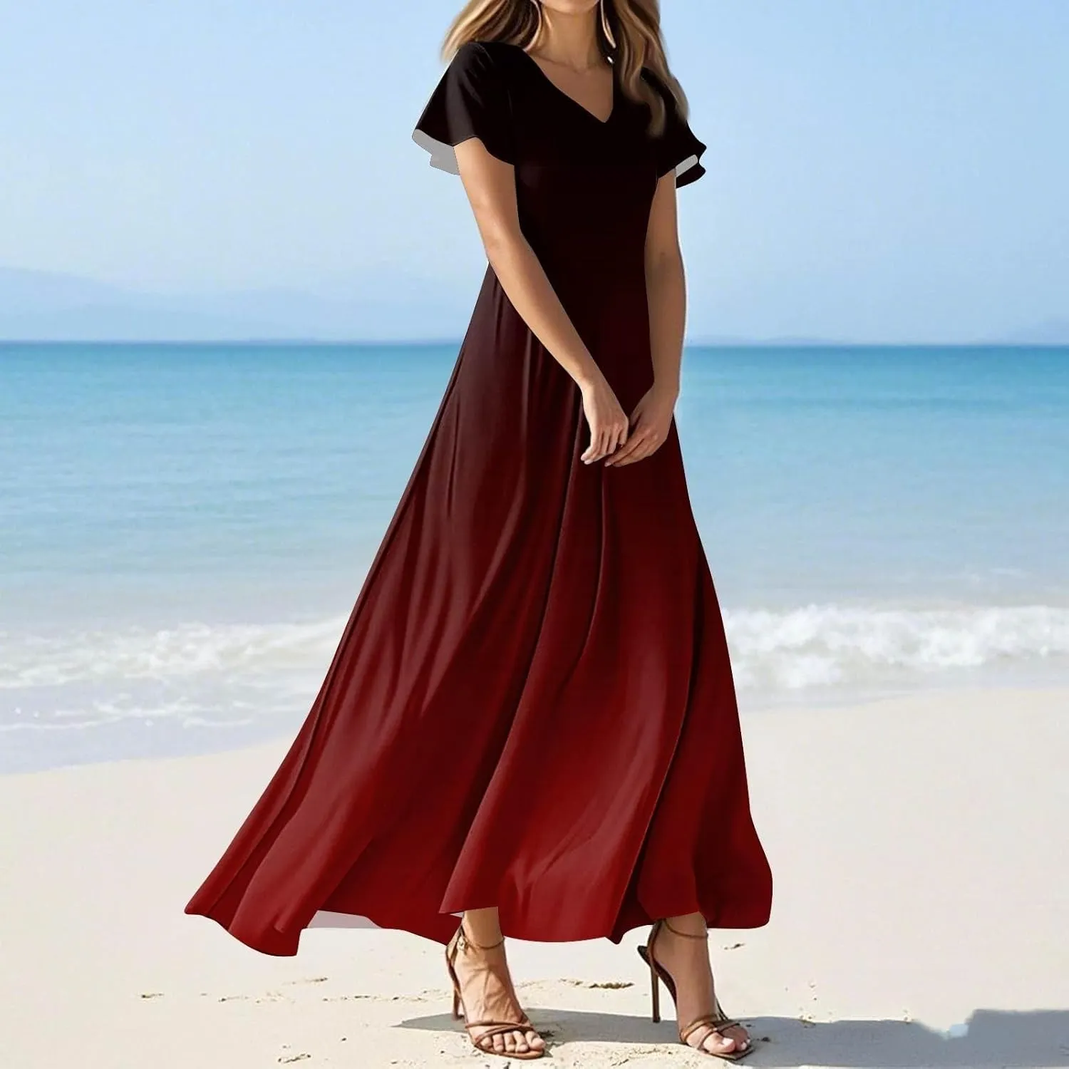 Casual Summer Dresses for Women 2025,Women's Summer Solid Color V Neck Flowy Maxi Dress Casual Boho Chiffon Beach Dress