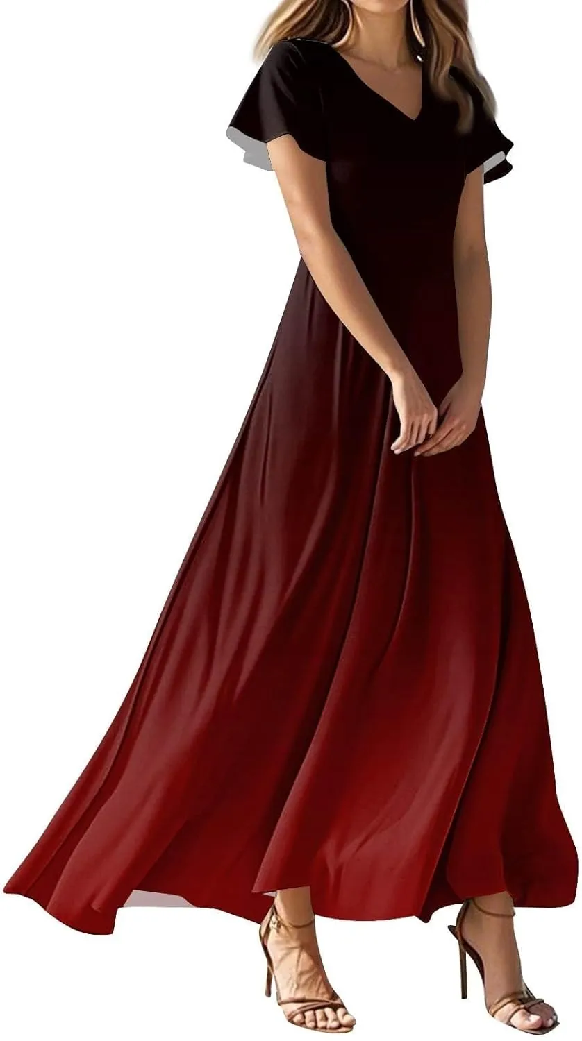Casual Summer Dresses for Women 2025,Women's Summer Solid Color V Neck Flowy Maxi Dress Casual Boho Chiffon Beach Dress