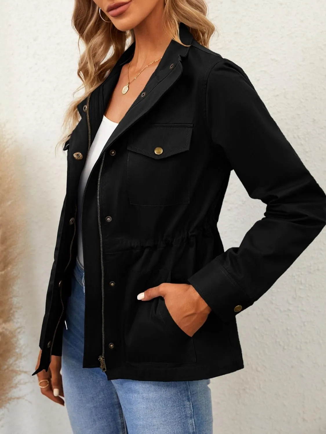 Chang Yun Jackets For Women Military Safari Utility Anorak Zip Up Snap Buttons Lightweight Drawstring Coat with Pockets