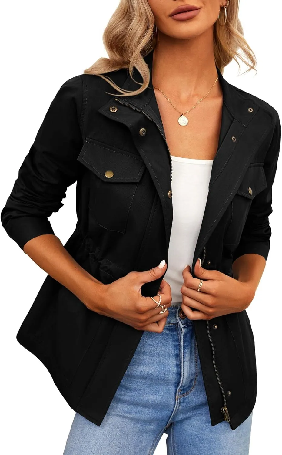 Chang Yun Jackets For Women Military Safari Utility Anorak Zip Up Snap Buttons Lightweight Drawstring Coat with Pockets