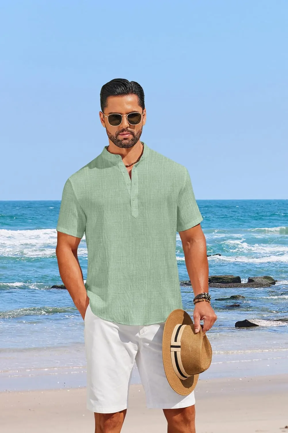 COOFANDY Men's Casual Henley Shirt Short Sleeve Linen Shirt Band Collar Summer Hippie Beach T-Shirts