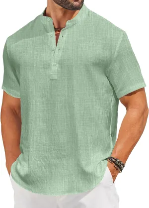 COOFANDY Men's Casual Henley Shirt Short Sleeve Linen Shirt Band Collar Summer Hippie Beach T-Shirts