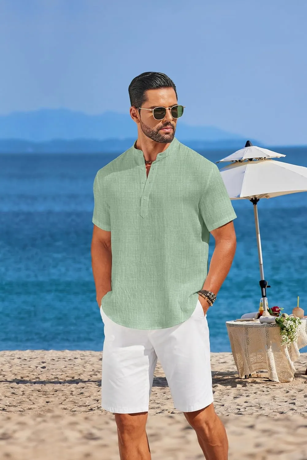 COOFANDY Men's Casual Henley Shirt Short Sleeve Linen Shirt Band Collar Summer Hippie Beach T-Shirts