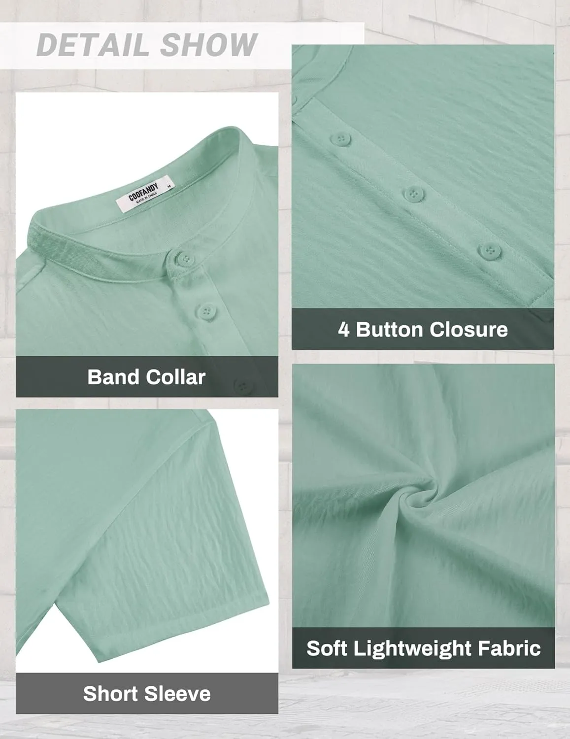 COOFANDY Men's Casual Henley Shirt Short Sleeve Linen Shirt Band Collar Summer Hippie Beach T-Shirts