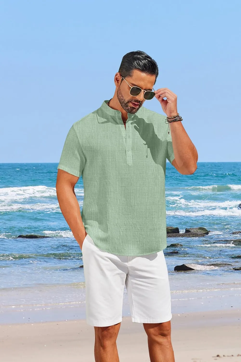 COOFANDY Men's Casual Henley Shirt Short Sleeve Linen Shirt Band Collar Summer Hippie Beach T-Shirts