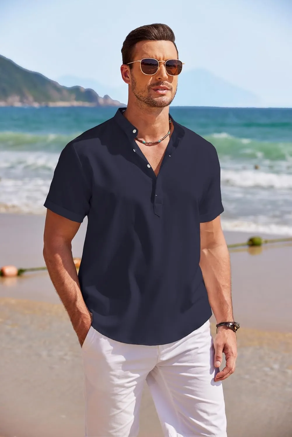 COOFANDY Men's Linen Henley Shirt Short Sleeve Casual Summer Beach Hippie T Shirts