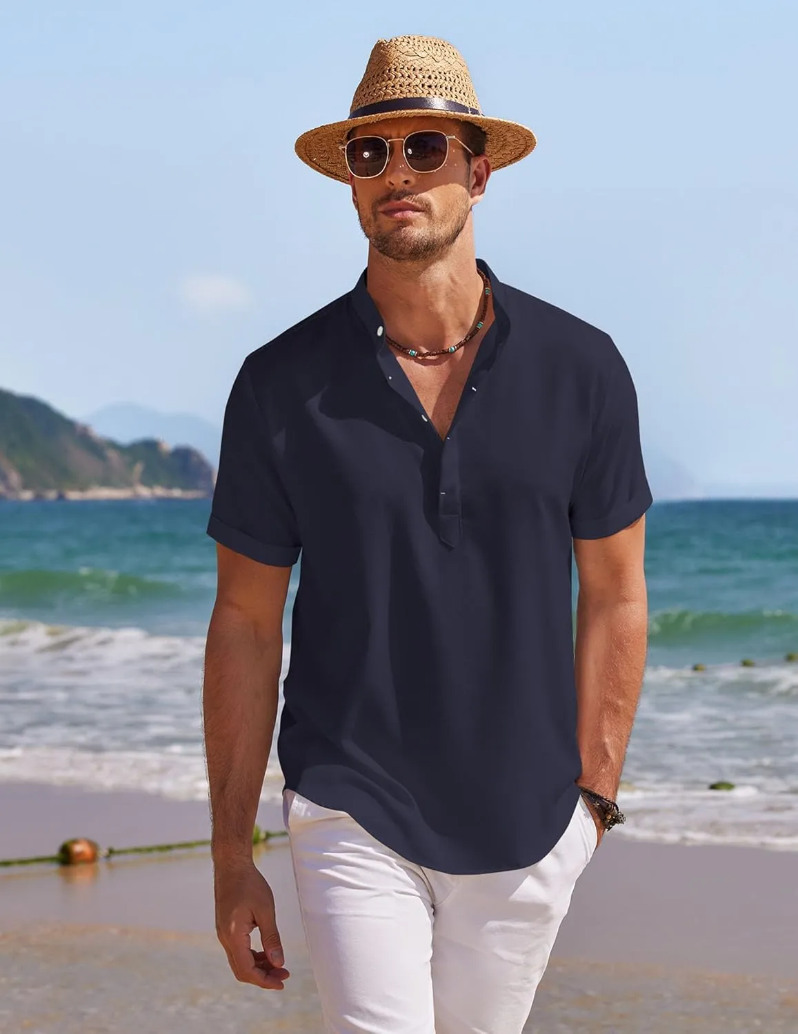 COOFANDY Men's Linen Henley Shirt Short Sleeve Casual Summer Beach Hippie T Shirts