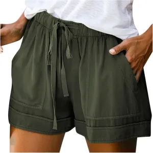 Cotton Shorts for Women High Waisted Outdoor Shorts Knee Length Trendy Drawstring Hiking Shorts with Pockets