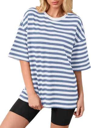 Cotton Striped Oversized Tshirts for Women Color Block T-Shirts Short Sleeve Summer Tee Shirt Loose Tops