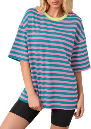 Cotton Striped Oversized Tshirts for Women Color Block T-Shirts Short Sleeve Summer Tee Shirt Loose Tops