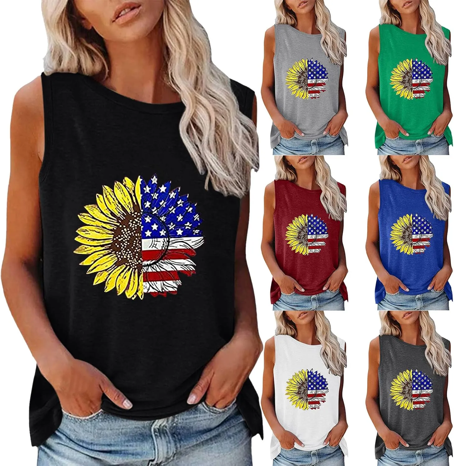 CRNTCEM American Flag Tank Tops for Women Sleeveless Floral Blue and Red Striped Printed Summer Tops Summer 4th of July Tees